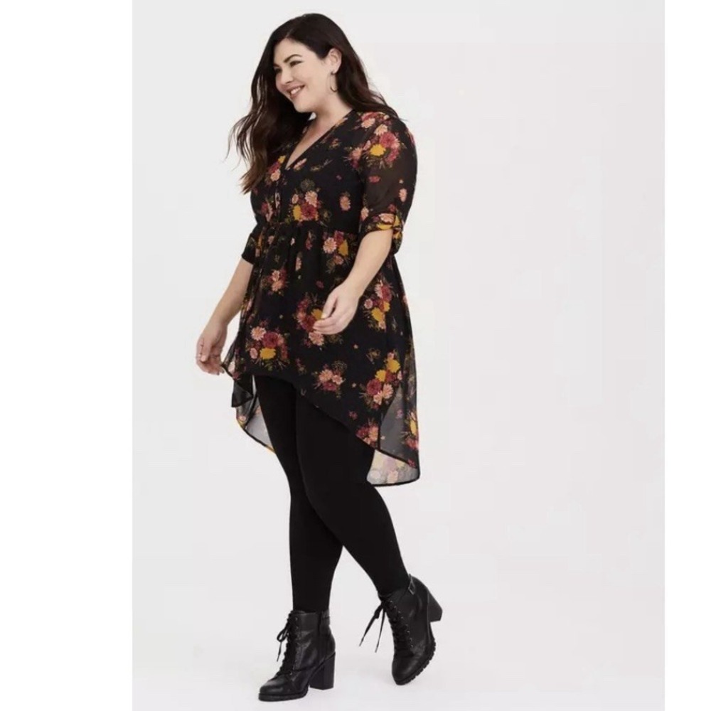 Torrid Lexie Black Colorful Floral Sheer Chiffon Hi‎ Low Button Tunic Size 2X